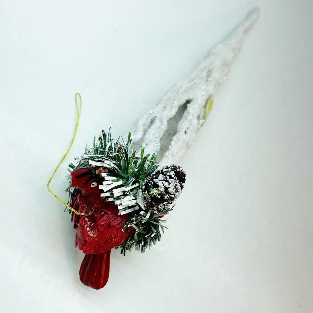 Vintage Christmas Ornament Cardinal In Pine Nest On White Glittered Icicle 6